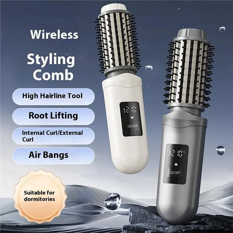 LITE-Portable Cordless Curling Iron Hair Brush,2600Mah Rechargeable Hair Curler,Wand With Negative For Curl,Styling Gray 3
