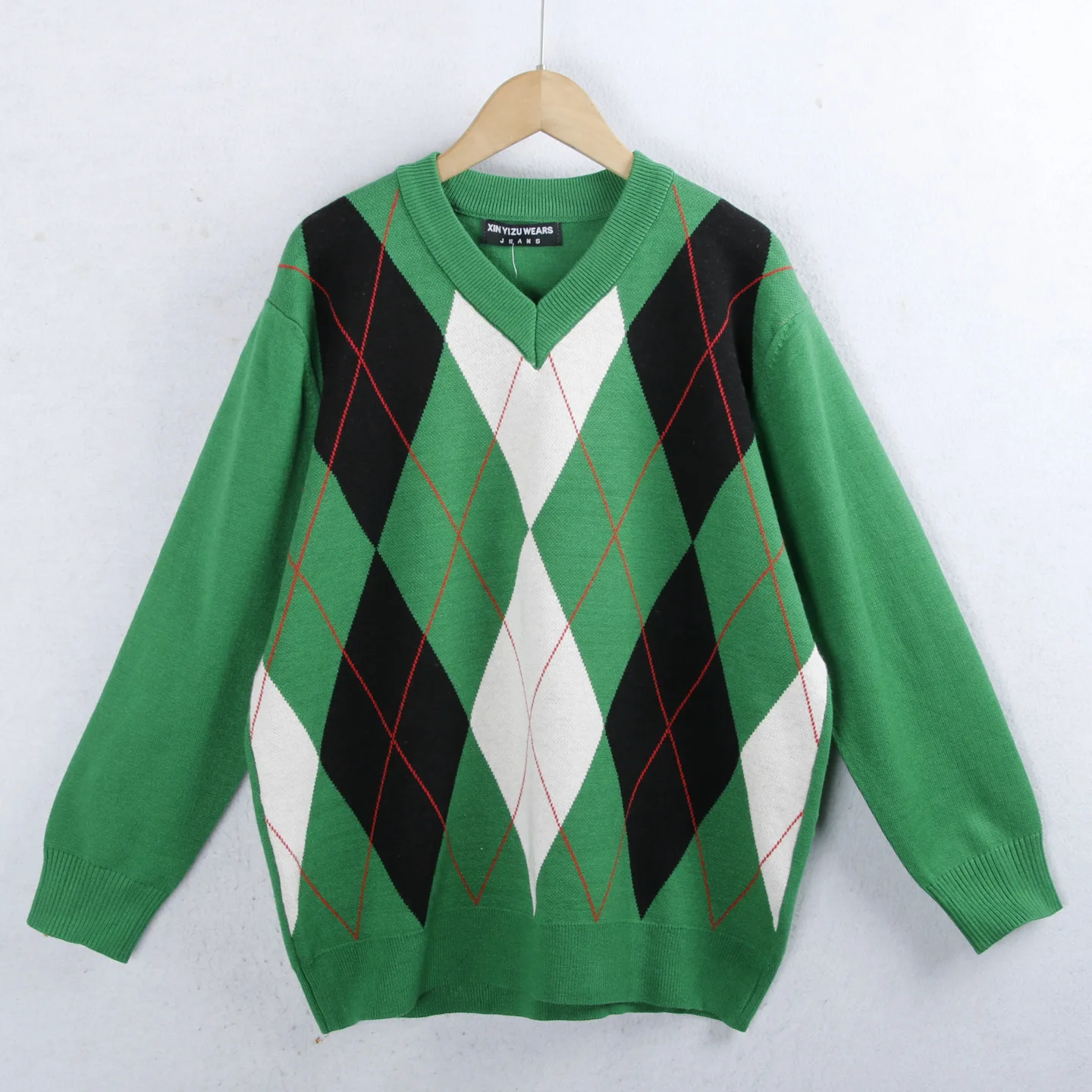 Women's V-Ne Knitted Sweater Diamond Pattern Autumn Winter plus Size Color Blo Slimming Lazy Versatile Elastic Knitwear