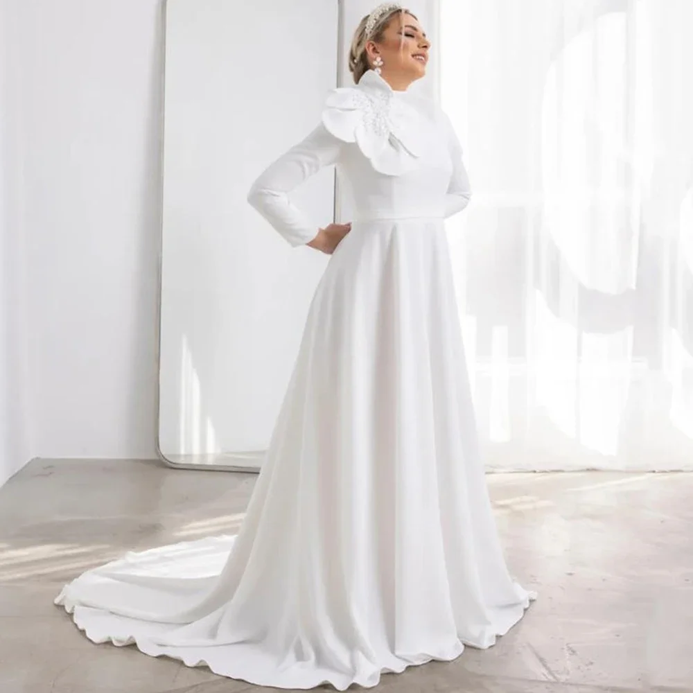 Elegant Muslim High Neck Wedding Dress with Delicate Large Flower and Belt Bridal A-Line Floor Length Church Marriage Gowns