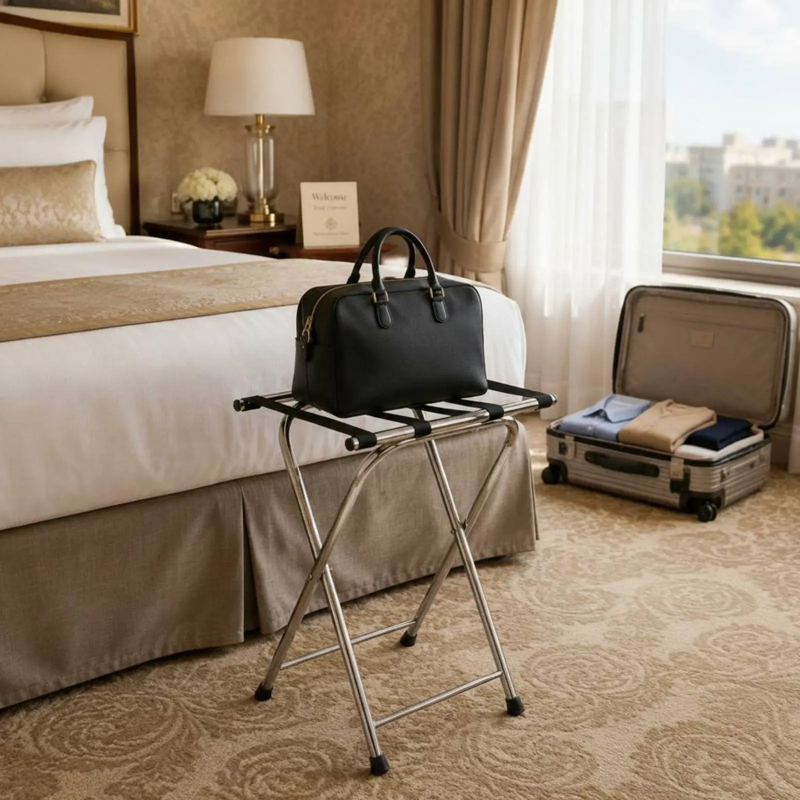 Foldable Hotel Luggage Rack Space Saving Stainless Steel Luggage Rack Suitcase Holder Stand Sturdy Guest Furniture Heavy Duty