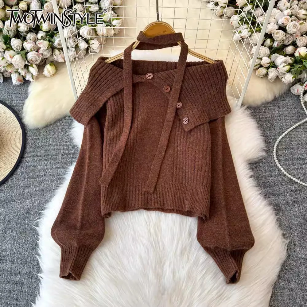 

TWOTWINSTYLE Solid Loose Kitting Sweater For Women Slash Neck Long Sleeve Patchwork Button Pullover Sweaters Female KMY513316