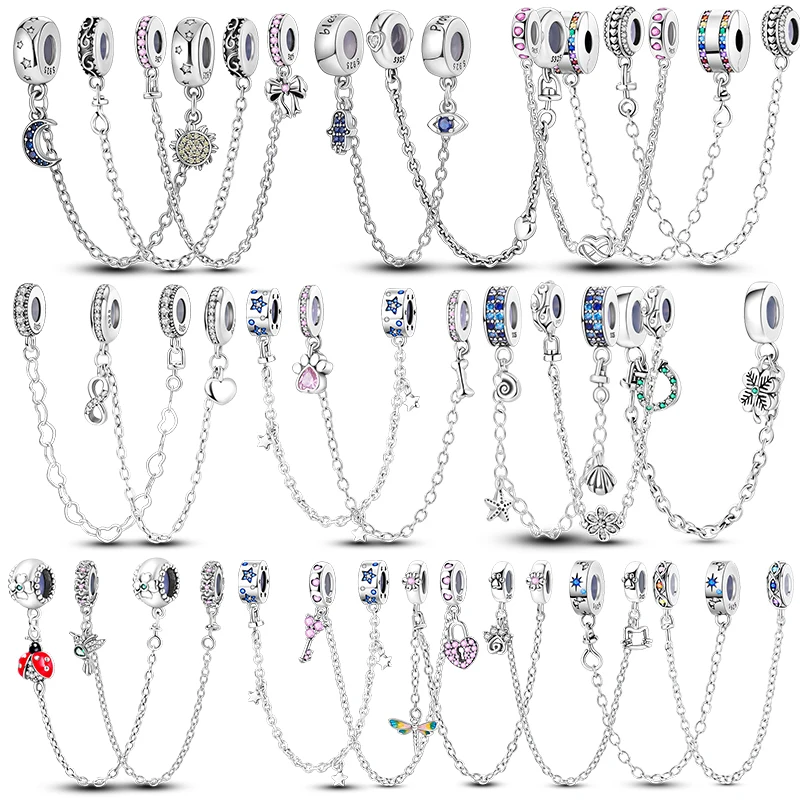 

Защитная цепочка из стерлингового серебра 925 пробы, Звезда, Луна, Солнце, сердце, бант, силиконовый зажим, подходит для оригинальных браслетов 3 мм, ювелирные изделия своими руками, подарки