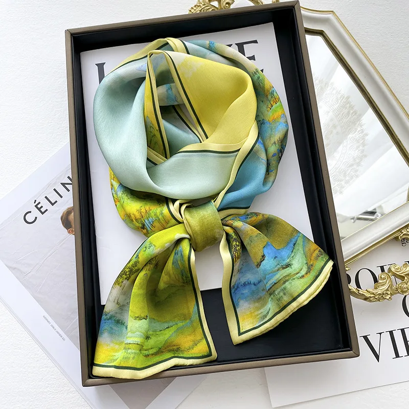 Fashion Design 100% Real Silk Skinny Scarves Headbands For Women Foulard Tie Hair Band Handle Bag Ribbons Print Neckerchief