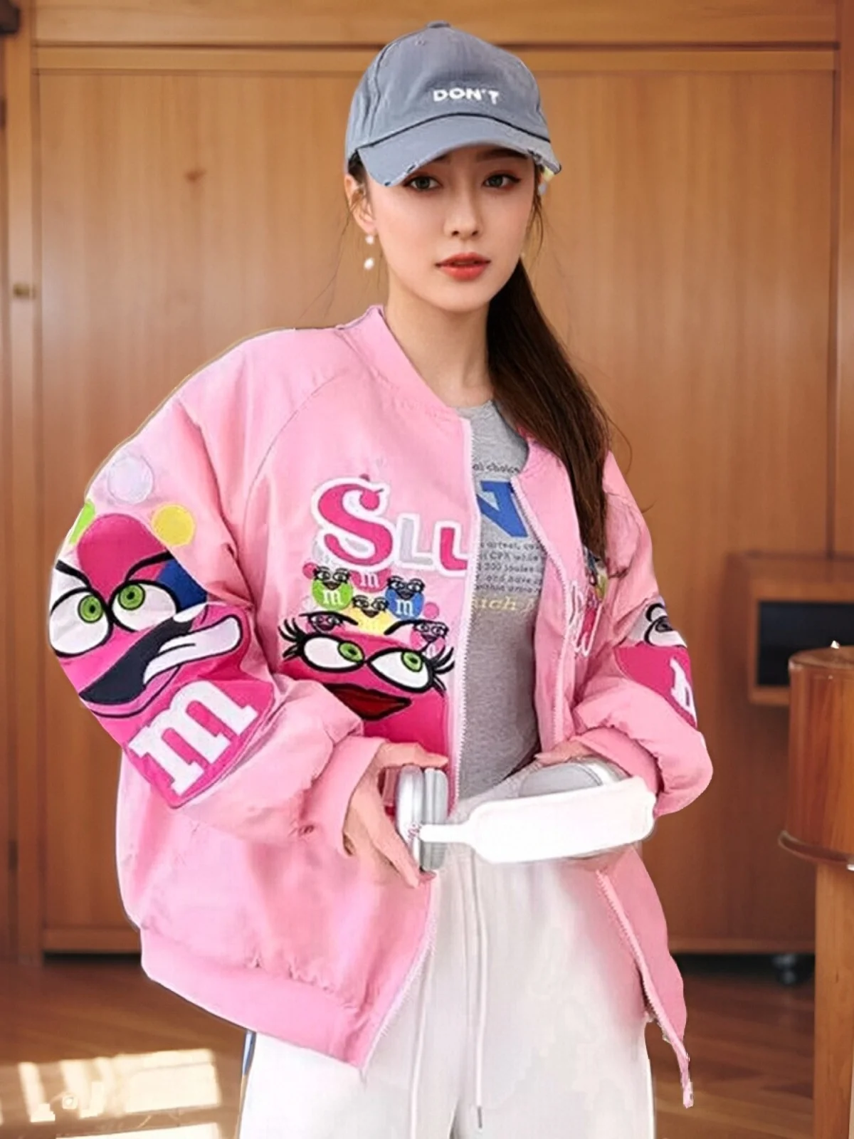 

Street Sle Loose Fit Baseball Jaet ex Embroidery Personalized Casual Top Cartoon Stitched Open Front Sve Length