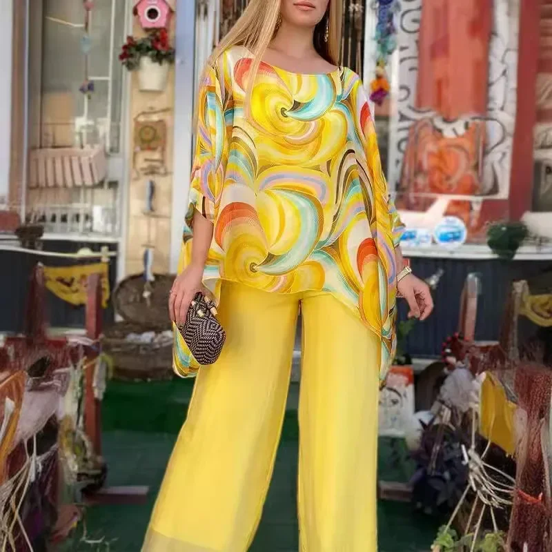 Women Summer New Colorful Chiffon Casual Round Neck Printed Long Sleeve Top Blouse & High Waist Pants Two-Piece Clothing Set