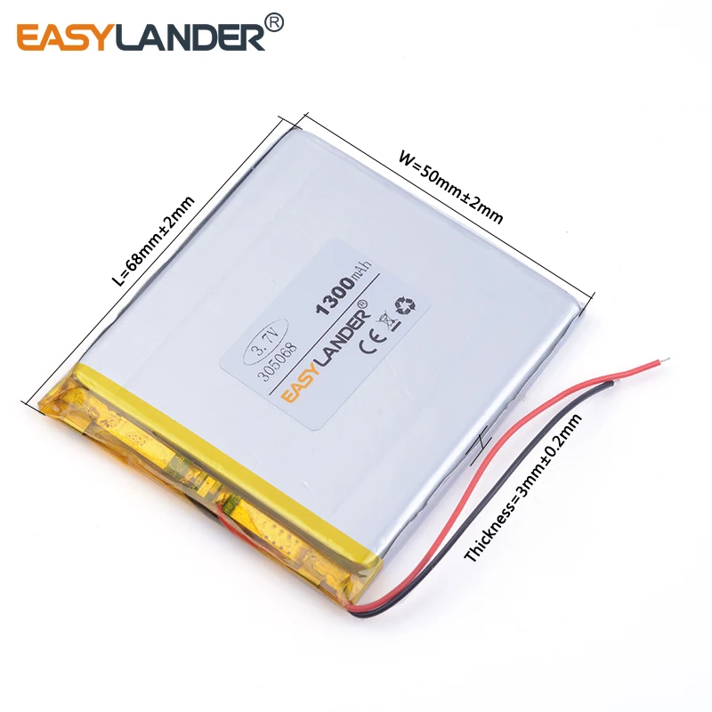 10pcs /Lot 305068 3.7V 1300mAh Rechargeable Lithium Li-ion Li Polymer Battery For Mp3 MP4 GPS PSP DVD PAD E-books Tablet PC