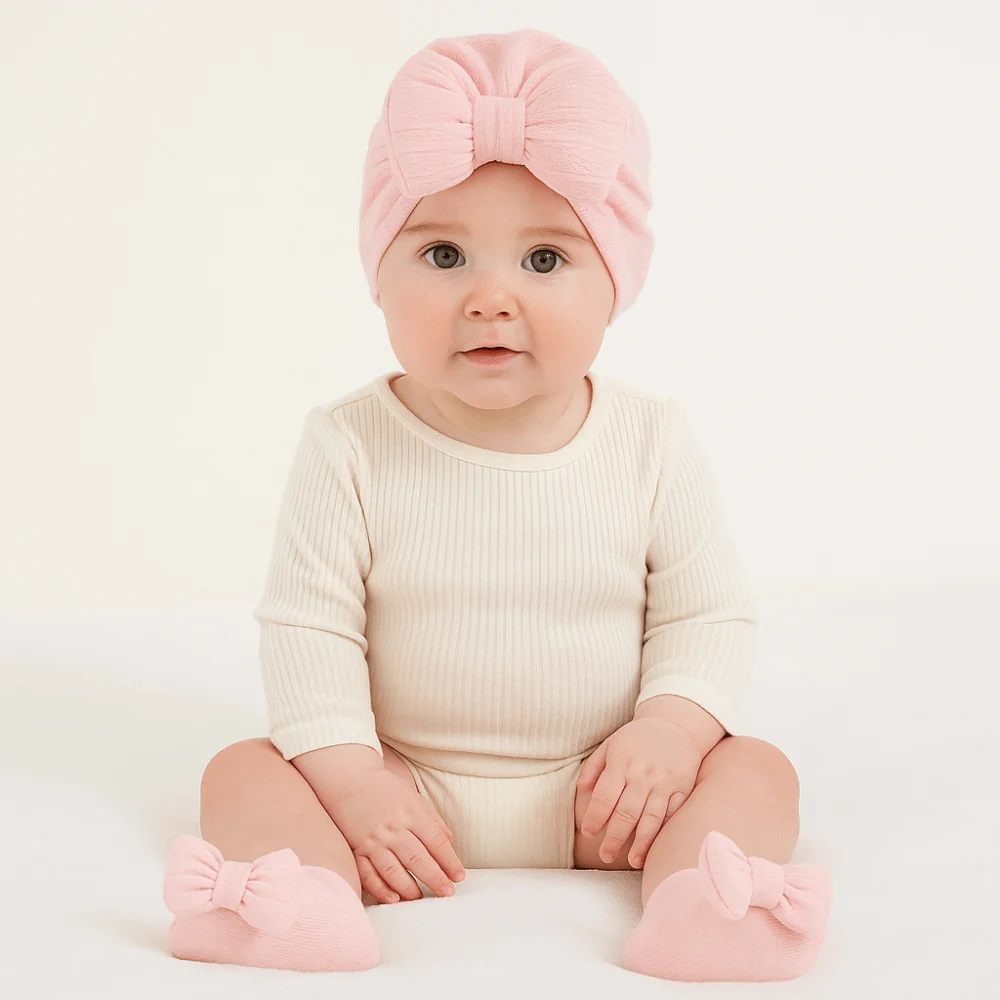 

3Pcs/Set Cute Bow Baby Hat Socks Set Cotton Solid Color Baby Fetal Cap 0-12 Months Windproof Newborn Turban Hat Spring