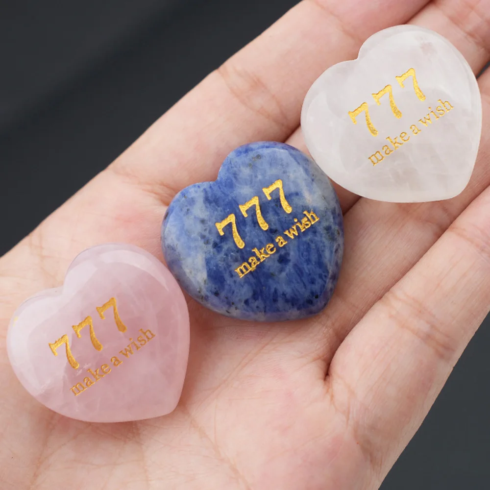 30mm Heart Shape Natural Stone Crystal Engraved Lucky Angel Numbers 777 for Meditation Blessing Palm Stone Inspirational Gift