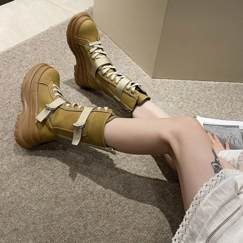 

Женские полувысокие сапоги с круглым носком и шнурками, весенне-осенние туфли до середины икры, женская удобная и элегантная рабочая обувь для косплея