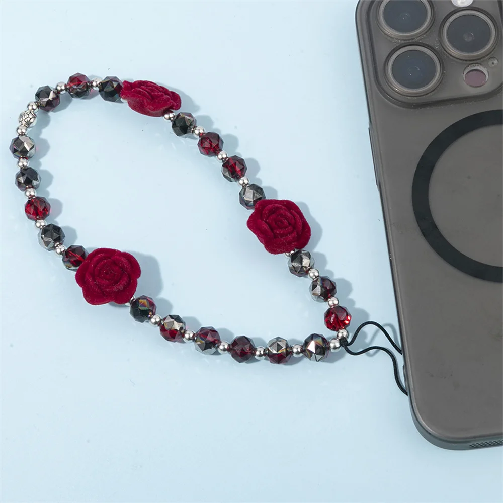 Wine Red Rose Flower Phone Chain Charm Resin Beads