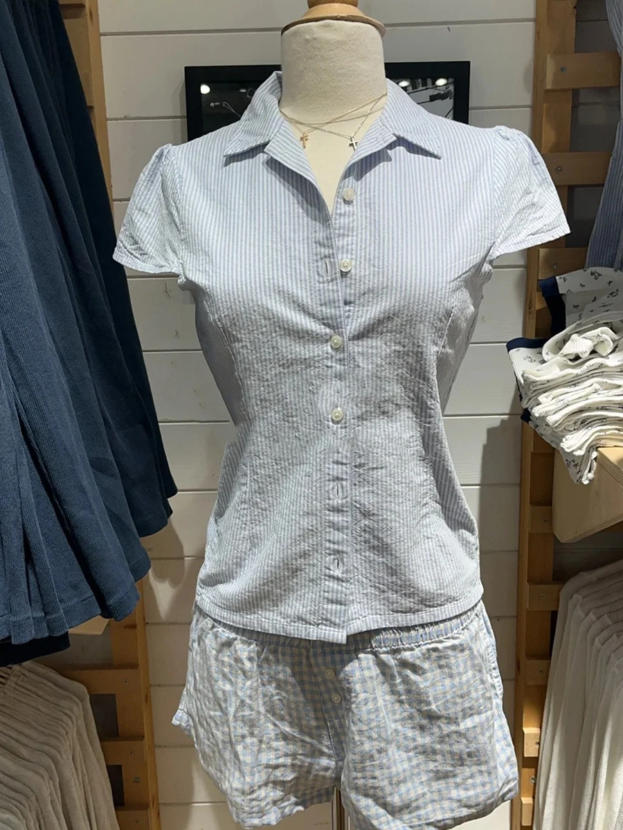 Sweet Blue Striped Button Blouse Women Summer Streetwear Casual Lapel Short Sleeve Tees Cute Preppy Style T-shirts Y2K Tops New