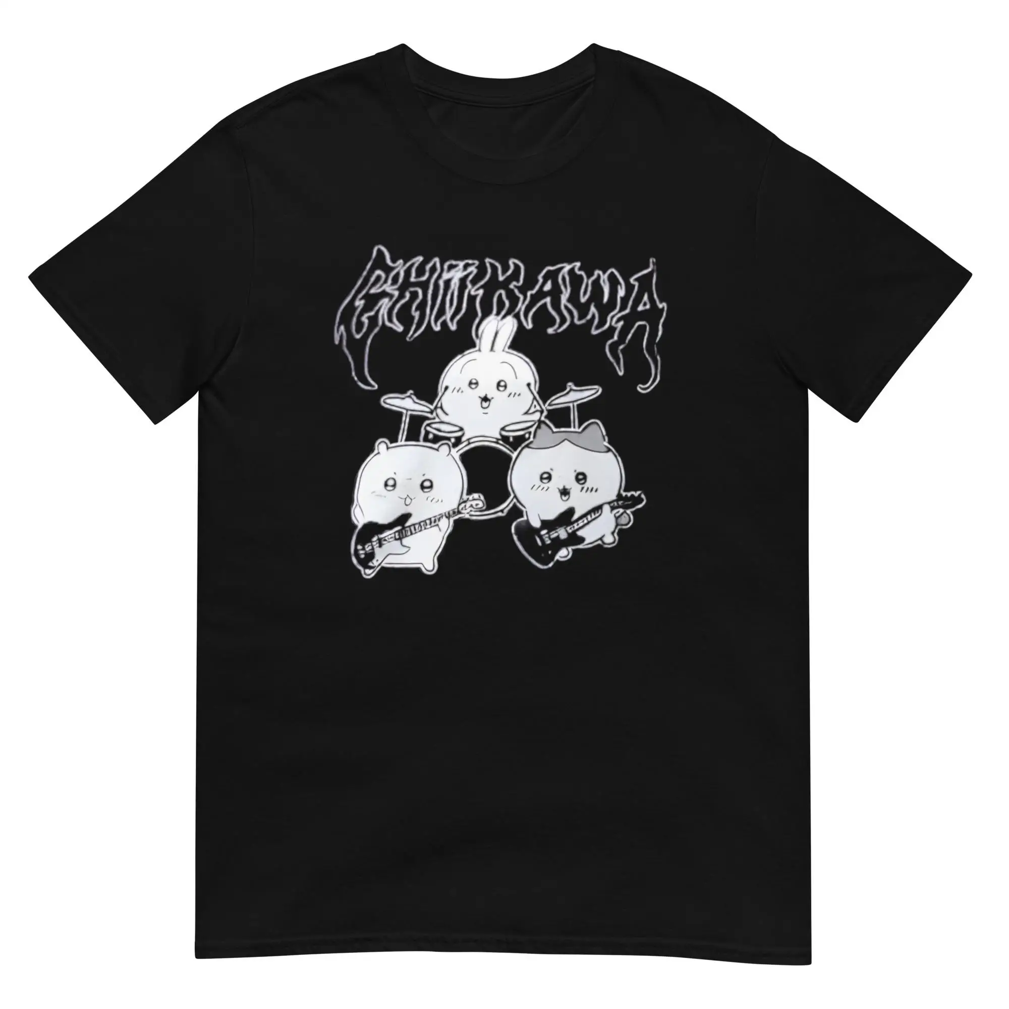 Chiikawa Rock Band Metal Anime T-shirt Guitar Drum Cartoon Graphic Black Cotton Tee Unisex Punk Grunge Casual Streetwear Shirt