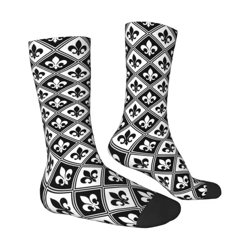 Kawaii Mens Black Fleur De Lis And Diamond Pattern Dress Sock Unisex Comfortable Breathable Fleur-De-Lys Lily Floral Crew Socks