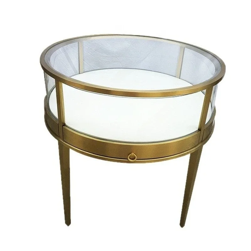 Round stainless steel jewelry display cabinet with lamp pull-out glass display cabinet