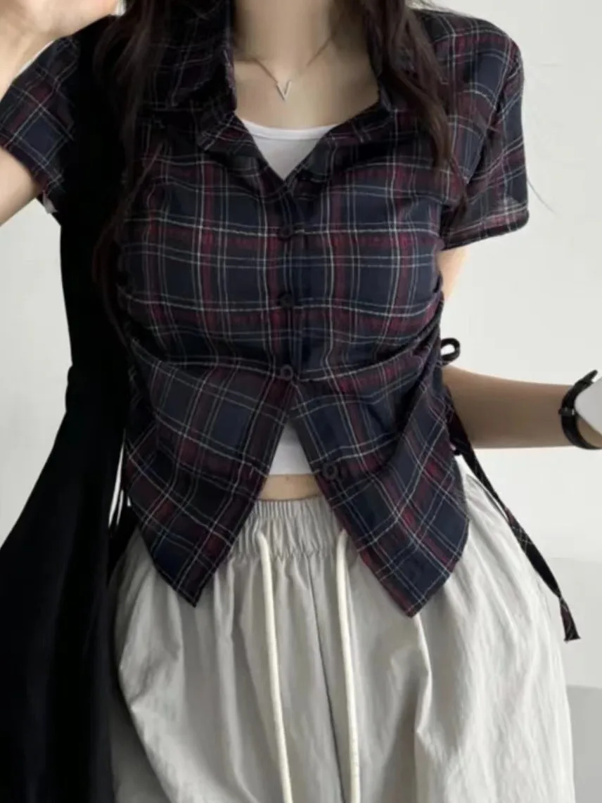 

Chic Summer Plaid irt Women's ort Sve Single Button Design Gathered Hem Versatile Age-Defng Top Slim Fit Lightweight