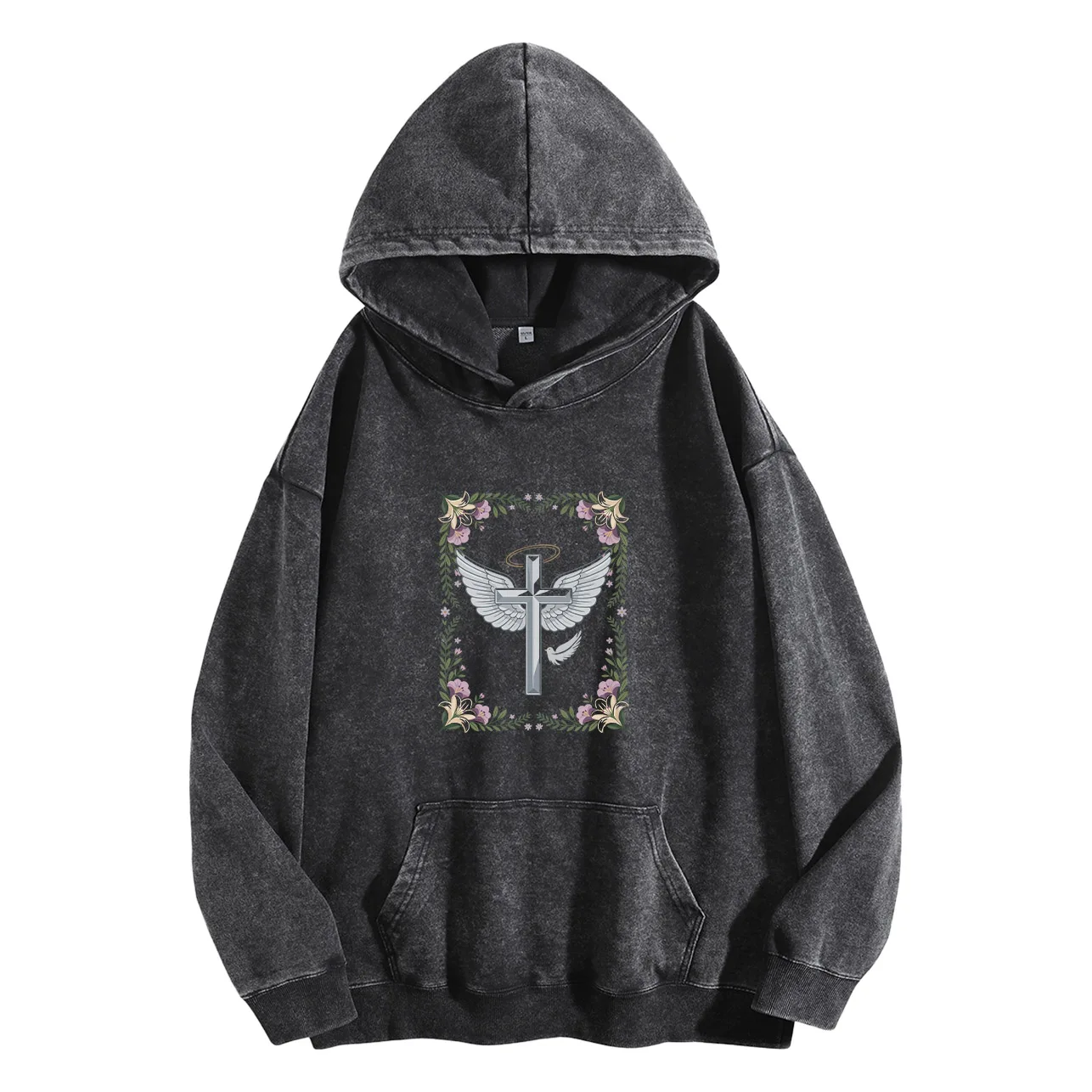 سترة Angel Cross الرجالية ذات القلنسوة ذات القلنسوة ذات الرسومات المغسولة الكلاسيكية، بلوفر كاجوال ملابس الشارع #2