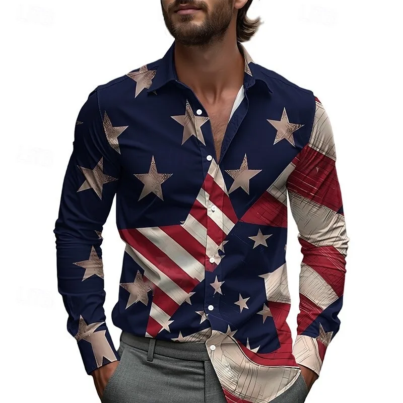 قميص رجالي بأكمام طويلة مطبوع عليه نجوم ثلاثية الأبعاد على الطراز الغربي برقبة فضفاضة ملابس غير رسمية على الموضة في الشارع