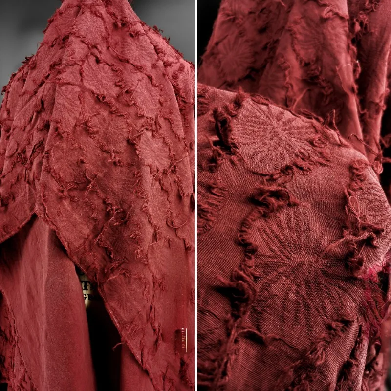 Red Dark Flower Tassel Cotton Linen Jacquard / Hand-cut Flower Washing Process Old Reconstructed Texture Designer Fabric