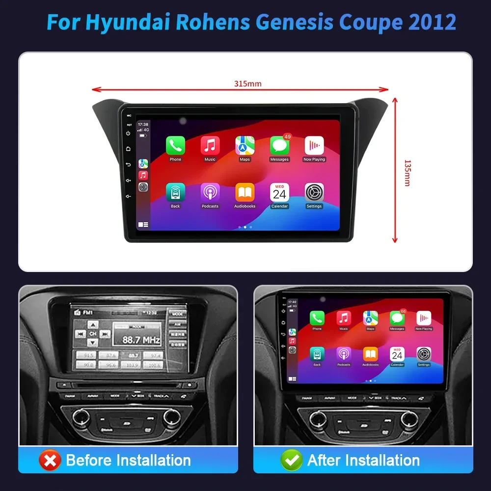 Multimedia Player For Hyundai Rohens Genesis Coupe 2012 Car Wireless BT Carplay Radio Navigation Android 14 GPS Head Unit Screen