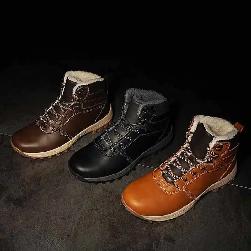

Мужские зимние теплые водонепроницаемые кожаные ботинки с мехом, модные, до середины икры, молодежные, в корейском стиле, люксовые, на меху, без шнурков