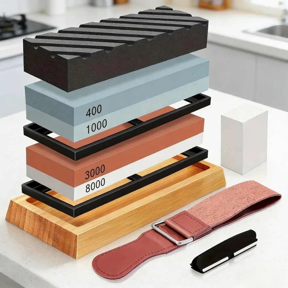 

1 Set Professional Knife Sharpening Stone Kit, 4-Sided Grit 400/1000 & 3000/8000, Non-Slip Base with Leather Strop