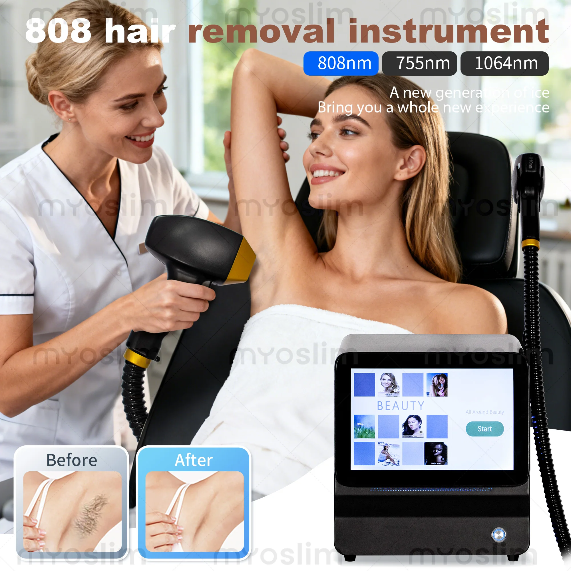 Professional Portable Diode Ice Titanium Lase Hair Removal Machine 808/755/1064 Alexandrite 3 Waves 10 Target Strips 808N Devic