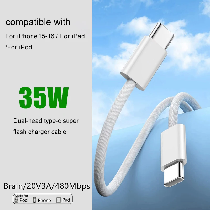 35W USB Type C Fast Charging Cable For iPhone 16 15 14 13 12 11 Pro Max Plus PD Charger Cable Nylon Braided Data Line Accessory