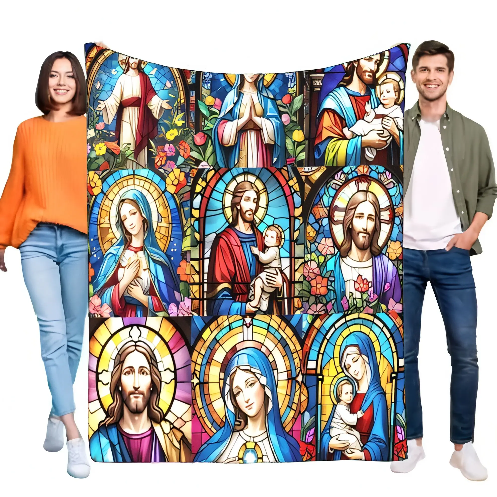 Stained Glass Jesus Mary Christian Blanket - Ultra Soft Cozy Lightweight Plush Fleece Throw for Bed Sofa Home Decor Religious Gi