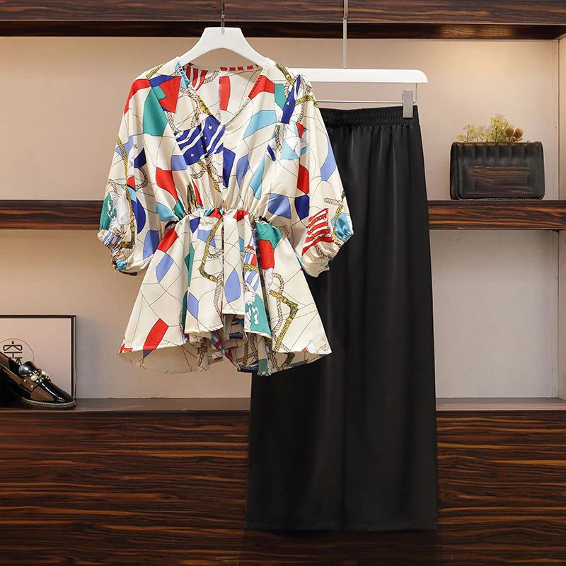 2025 春の新女性パンツセットツーピース V ネックバットスリーブ弾性ウエストカラーブロックプリントトップワイドレッグパンツ女性服