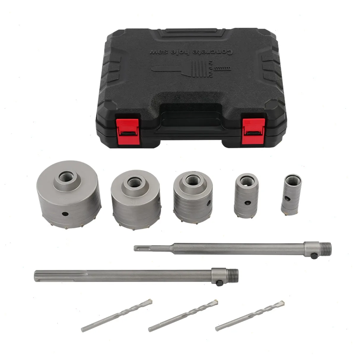Kit de 9 scies cloches, ensemble de forets à percussion pour béton 5 tailles (30mm, 40mm, 68mm, 80mm, 100mm), pour marteau perforateur, avec foret guide et boîte