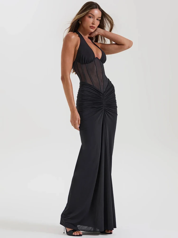 Mozision الرسن عارية الذراعين فستان ماكسي مثير المرأة الخامس الرقبة خارج الكتف أكمام ثنيات Ruched Bodycon نادي فستان طويل للحفلات