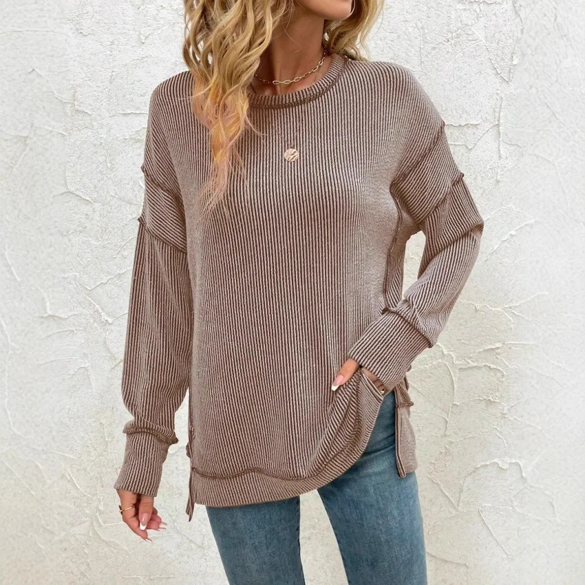 2025 Autumn and Winter New Twist Strip Split Fork Long Sleeve Loose Sweatshirt Sweater European and American Women's Clothing