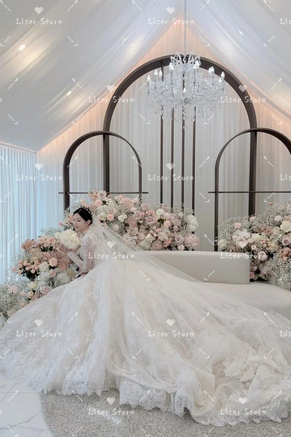 Liser Glamorous High Neck Wedding Dress Full Sleeve A-line Sweep Train Lace Korea Wedding Dress Photo Shoot 웨딩드레스 Customized