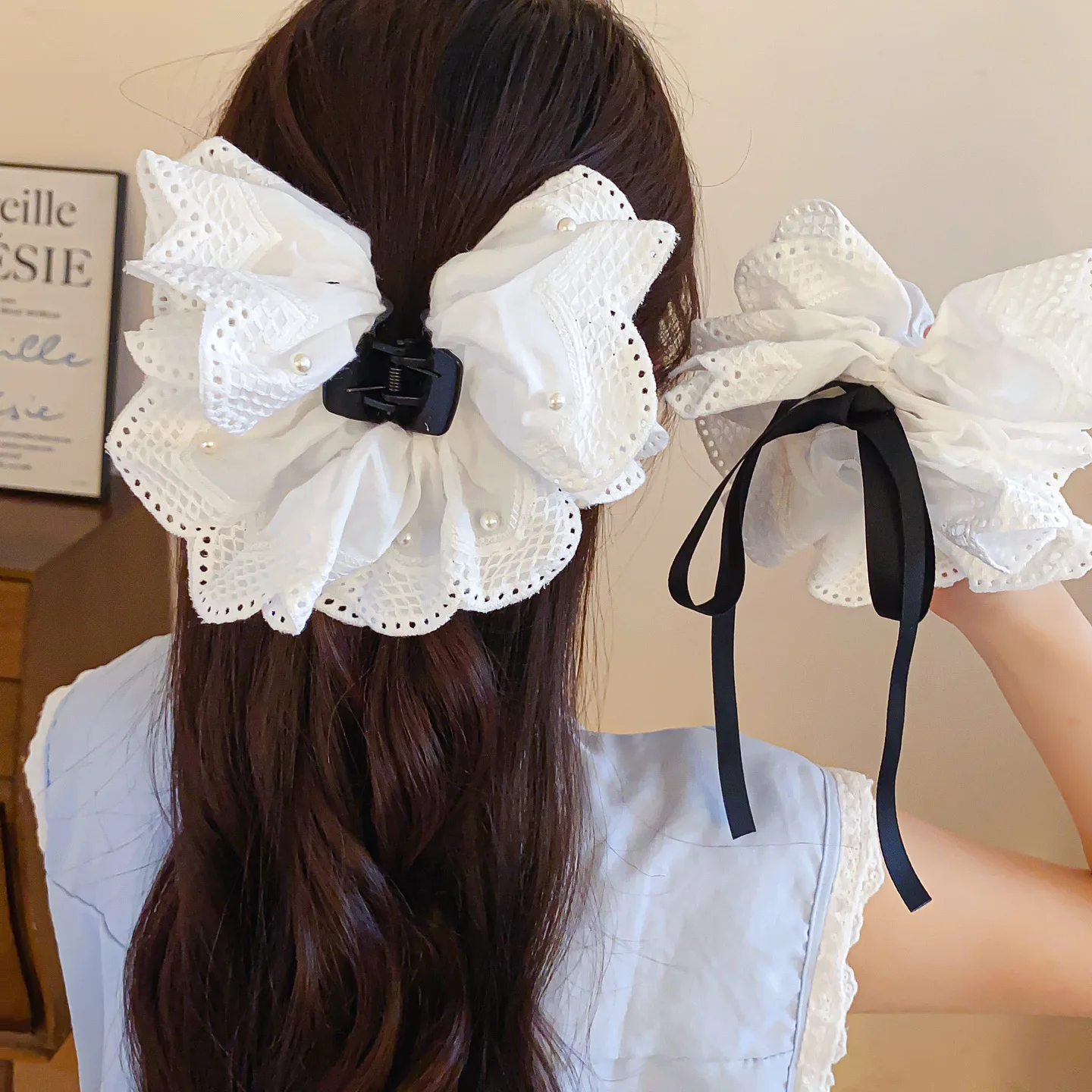 Französischer Stil, weiße Spitze, Blumen-Pferdeschwanz-Haarspange für Frauen, süße Schleife, Haarklammer, Kopfbedeckung, modisch, vielseitiger Haarschmuck V1
