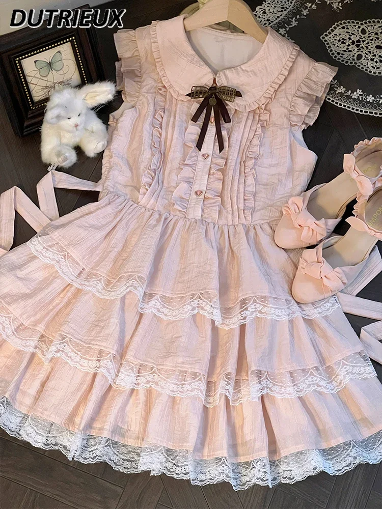 Vestido de cintura cintura rosa voando manga apertada, doce menina bonito laço borda bolo princesa vestidos curtos, design japonês original, verão