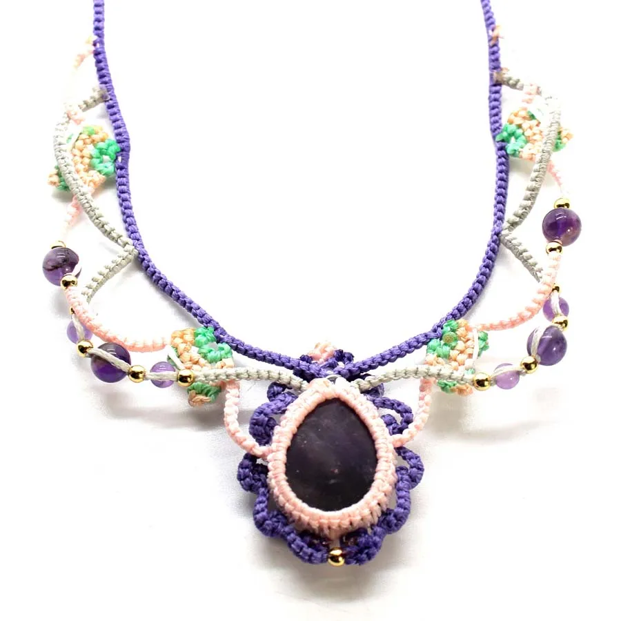 Macrame Handwoven Crystal Stone Pendant Necklaces For Women Natural Amethyst Quartz Rope Wrapped Weave Adjustable Chain Jewelry