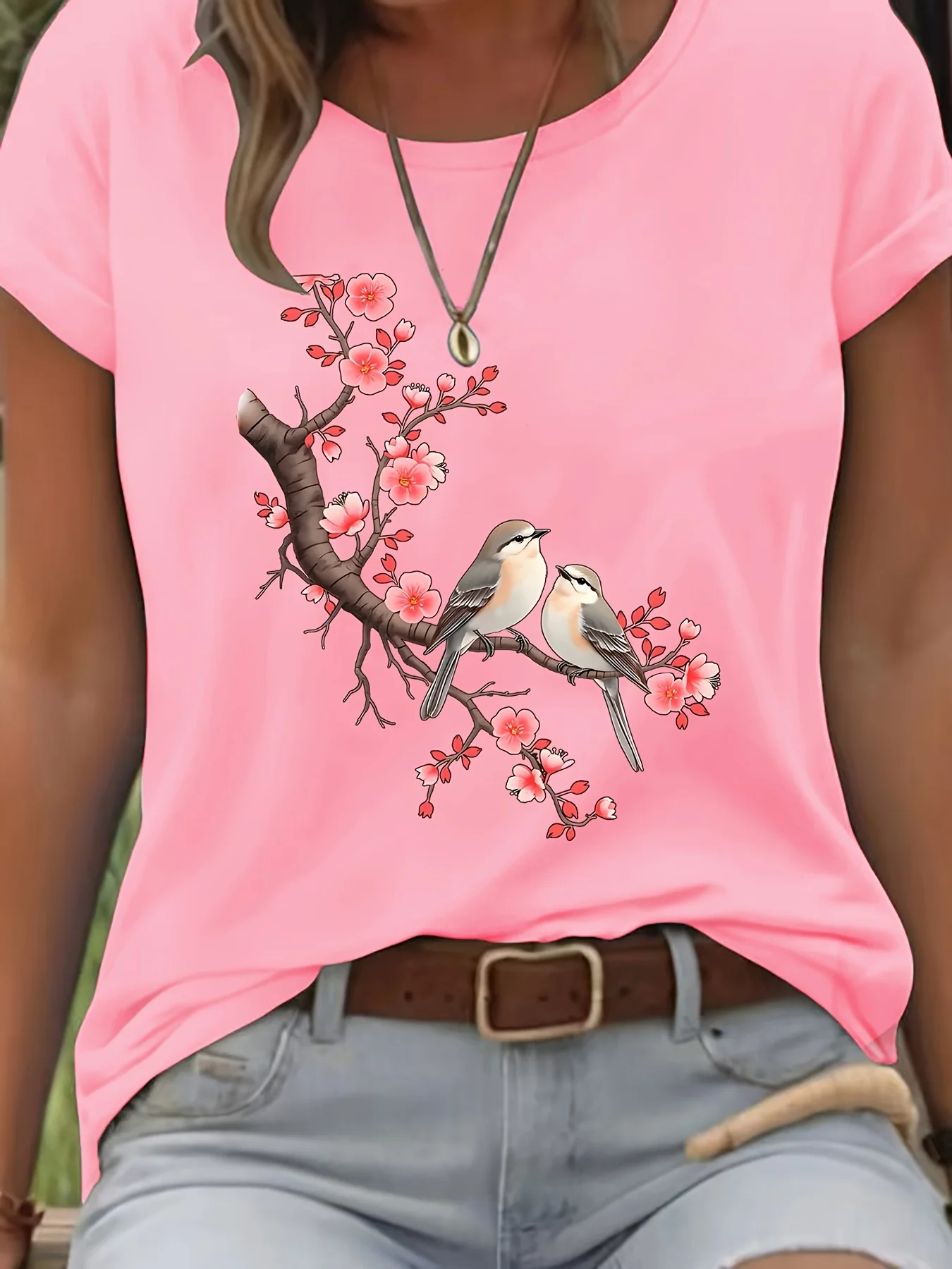 Women's Casual T-Shirt Cherry Blossom and Birds Graphic Soft Comfortable Breathable Summer Ladies T-Shirt Fashion Graphic Y2K
