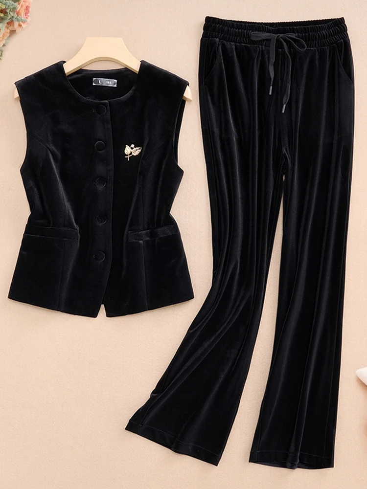 

Весенне-осенний новый элегантный бархатный комплект из двух предметов: укороченный жилет и куртка с круглым вырезом, модный повседневный стиль, полиэстер.