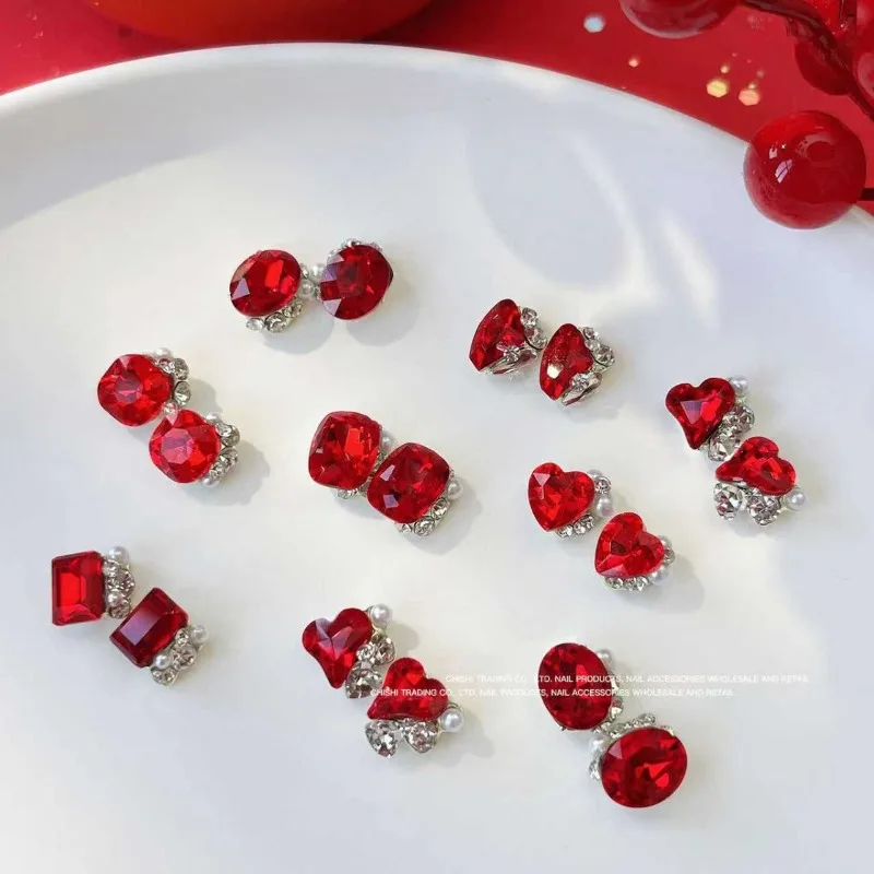 10Pcs Sparkly Red Cluster Nail Charms, Oxblood Red Diamond Beads, 3D Stacked Nail Gems for DIY Nail Art Manicure
