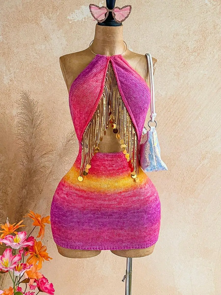 

Ombre Knit Backless Dress With Tassel Decoration For Women Summer Vacation Casual Outfit