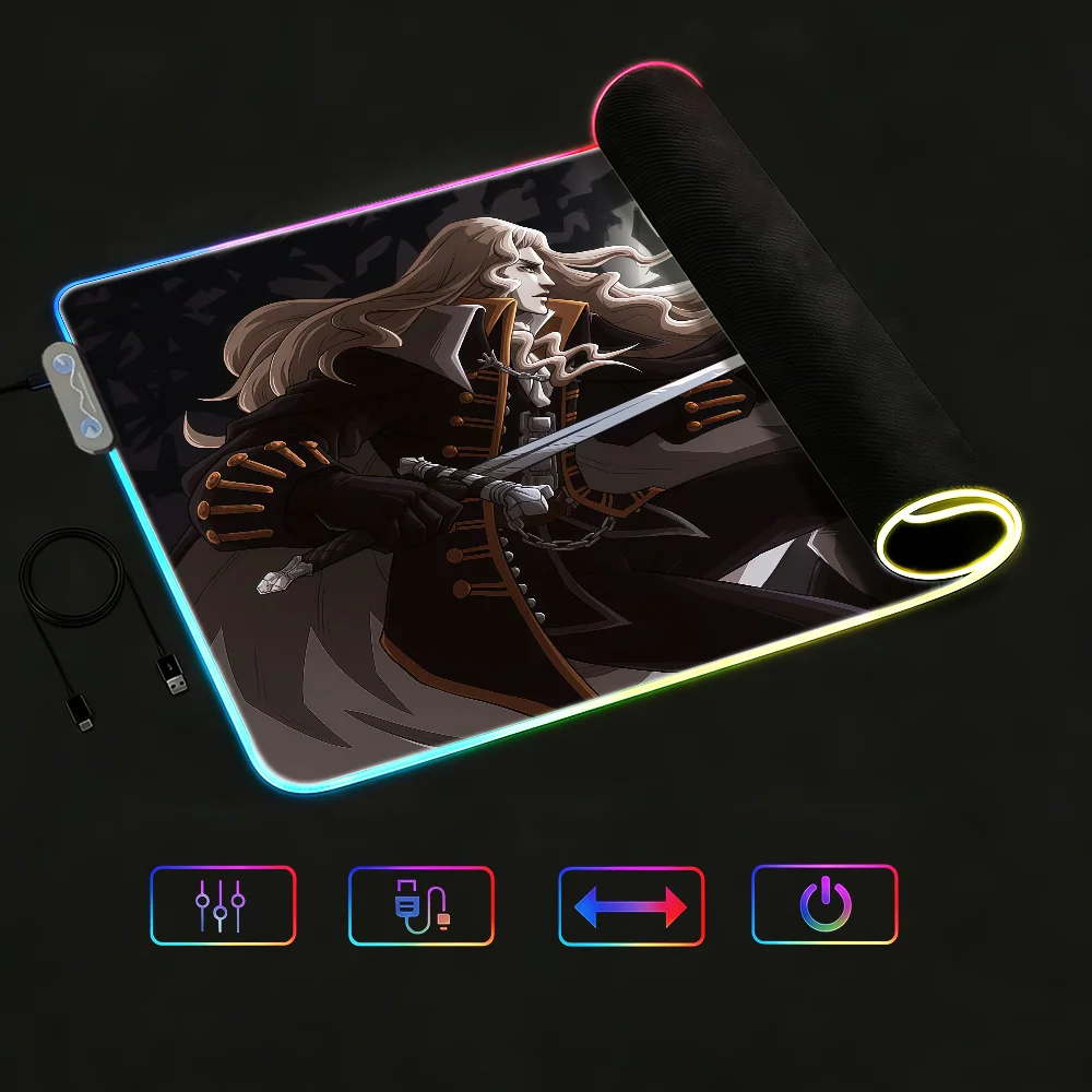 Alucard C-Castlevania Mouse Pad RGB LED Non-slip Desk Mat Rubber Gaming Accessories Large XXL Computer Office Keyboard Carpet