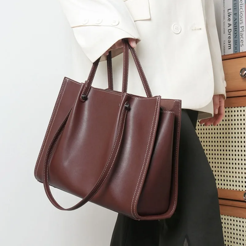 New Vintage Gebuine Leather Elegant Tote Bags Women Simple Large Capacity Commuter Handbags Female 2024 Luxury Bolsas