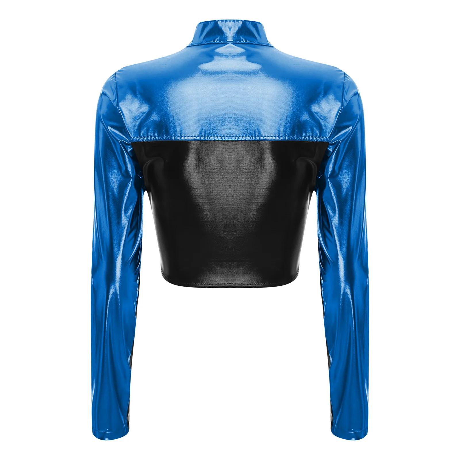 Prendas de Vestir exteriores con contraste metálico para mujer, chaquetas de carreras de conducción brillantes, disfraz de Cosplay, manga larga, cuello alto, abrigo corto con cremallera frontal