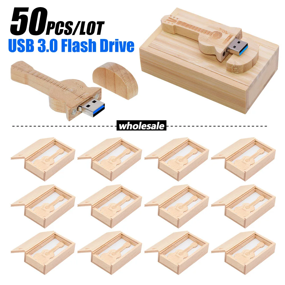 50pcs/lot wooden guitar Pen Drive USB3.0 flash drive memory Stick pendrive 8GB 16GB 32GB 64GB 128GB Cle usb Free customized Logo