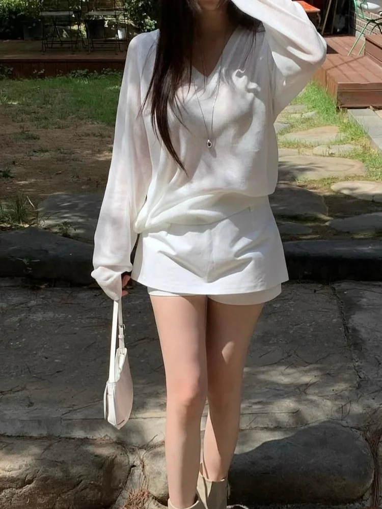 Afslanken Chique Zomer Dun Gebreid V-Ne Losse Dames Top Ademend Eenvoudig Matchable Sunade Vest Lang Sve Crew Ne