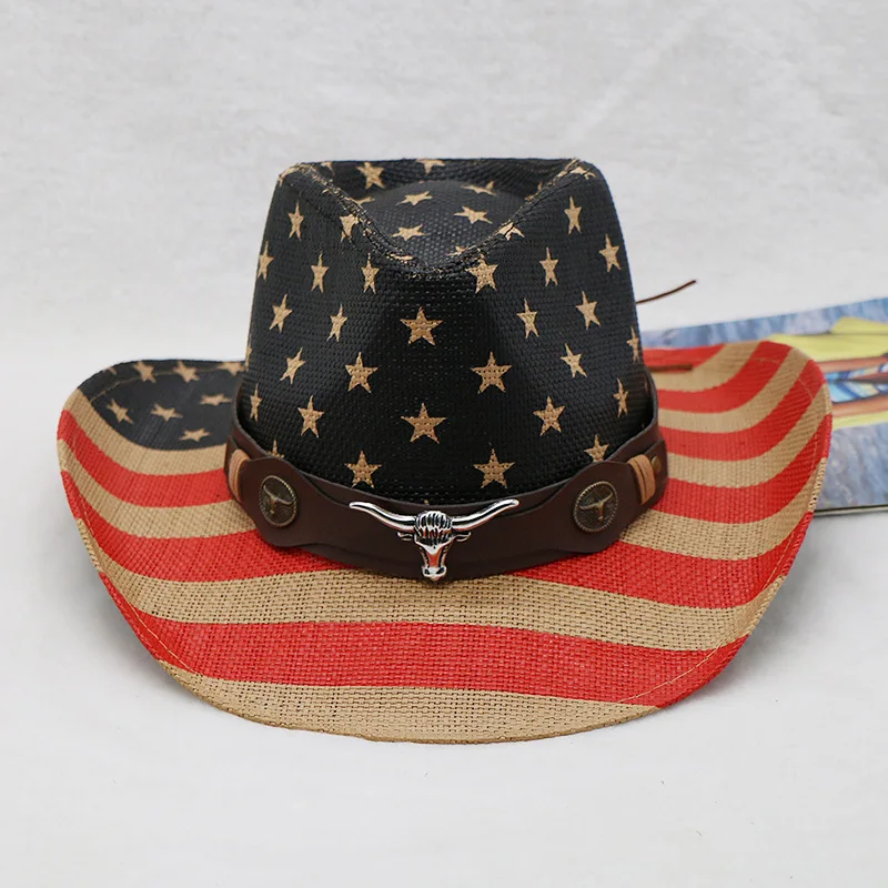 

Hot Sale Western Cowboy Hat Flag Printing Men's Outdoor Hat Cow Head Belt Style Straw Hat