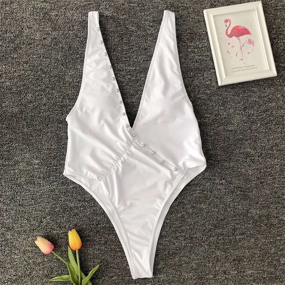 

Deep-V Bikini High Cut Rivet Swimsuit Vacation Swimwear White Backless Monokini Women Beach Micro Bikinis Bathing Suit Sexys Set