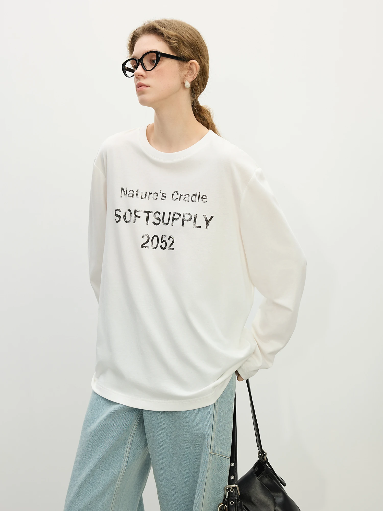 FSLE Women Casual Long Sleeve T-Shirt Letter Printed Female Spring Loose Pullover Long Sleeve Tee Drop Sleeve Tops 25FS11221