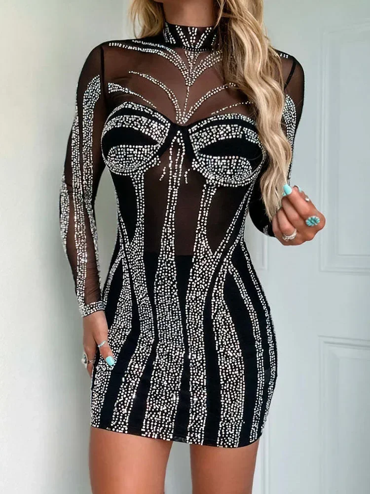 Brilhante diamantes strass vestidos de aniversário luxo feminino elegante noite festa malha retalhos sheer manga longa bodycon vestido