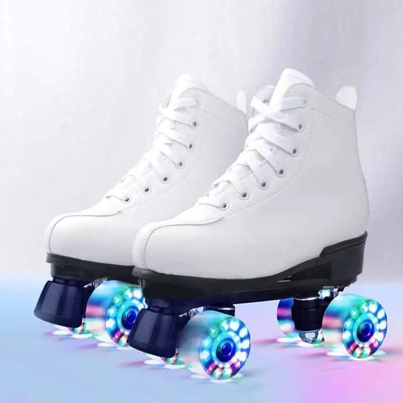 2026  Customized Outdoor Artistic White Double Row 4 Wheel Lightweight   Girls Adults Woman Men Quad Roller Shoes